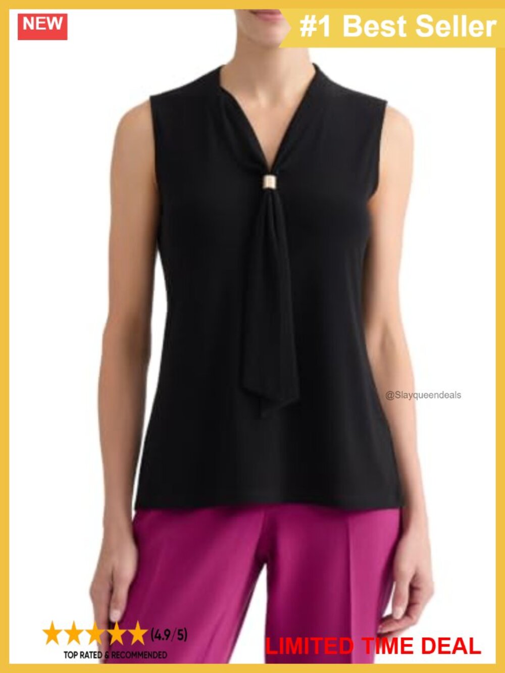 Sleeveless Neck Tie Knit Tank Top with Trim Detail